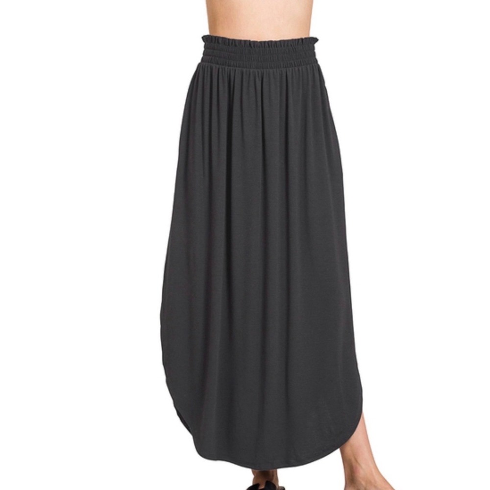 236. New Zenana Black Smocked Waist Tulip Hem Maxi Skirt with Pockets - Picture 2 of 2